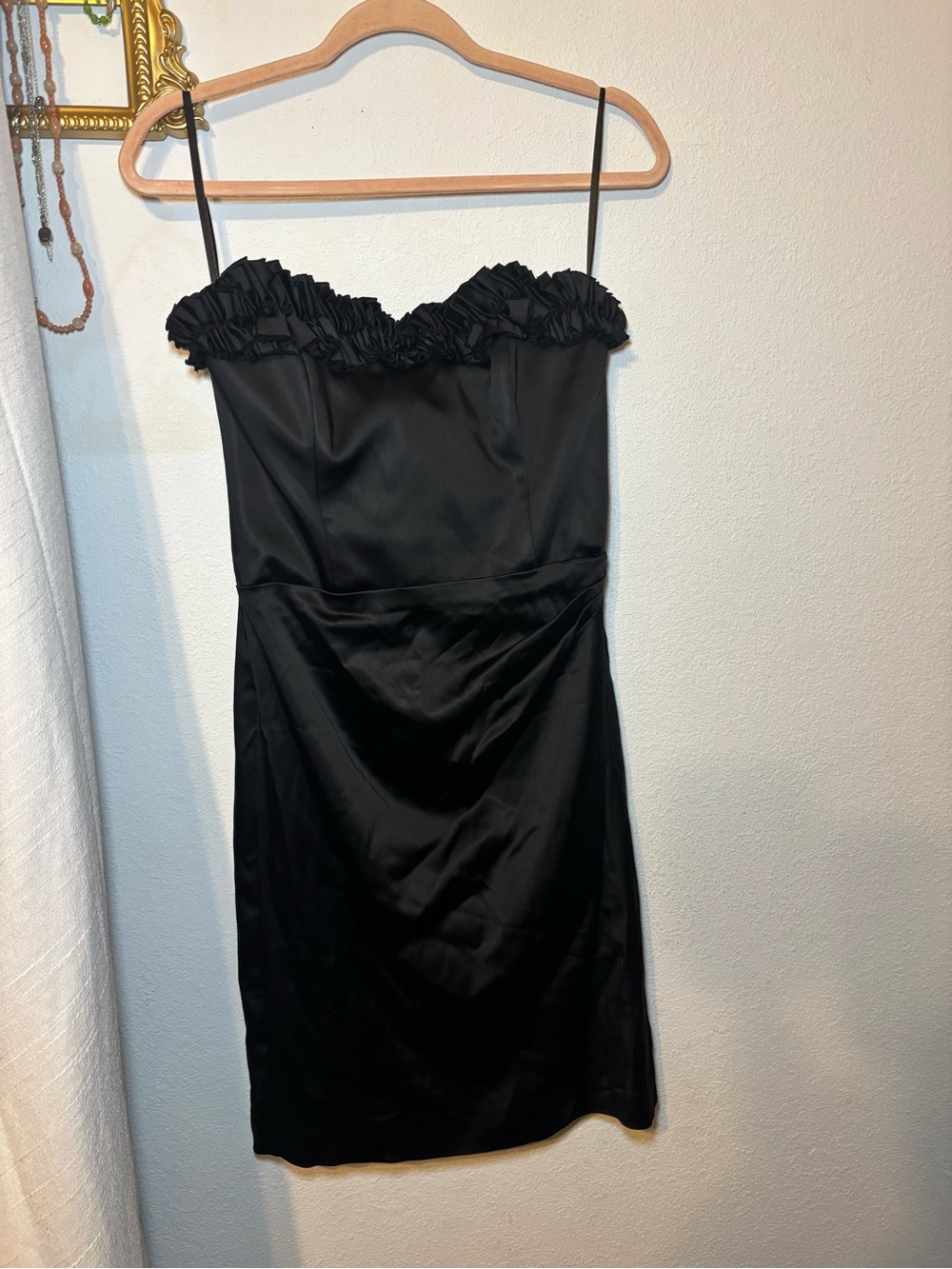 White House Black Market Black Satin Ruffle-Trim Strapless Dress